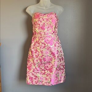Lilly Pulitzer pink & gold floral strapless RAYA dress * sz 8 *